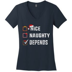 Nice Naughty Depends Christmas List Xmas Santa Claus Women's V-Neck T-Shirt