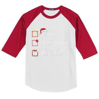 Nice Naughty Depends Christmas List Xmas Santa Claus Kids Colorblock Raglan Jersey