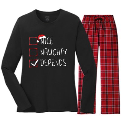 Nice Naughty Depends Christmas List Xmas Santa Claus Women's Long Sleeve Flannel Pajama Set 