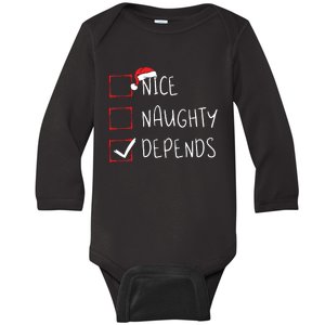 Nice Naughty Depends Christmas List Xmas Santa Claus Baby Long Sleeve Bodysuit