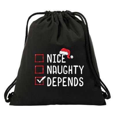 Nice Naughty Depends Christmas List Drawstring Bag