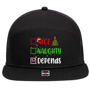 Nice Naughty Depends Christmas List Holiday Xmas 2024 7 Panel Mesh Trucker Snapback Hat