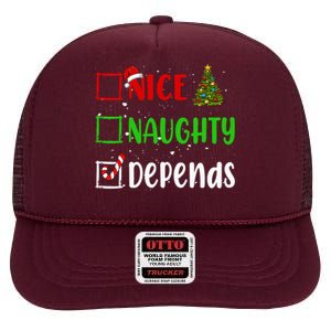 Nice Naughty Depends Christmas List Holiday Xmas 2024 High Crown Mesh Back Trucker Hat