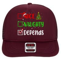 Nice Naughty Depends Christmas List Holiday Xmas 2024 High Crown Mesh Back Trucker Hat