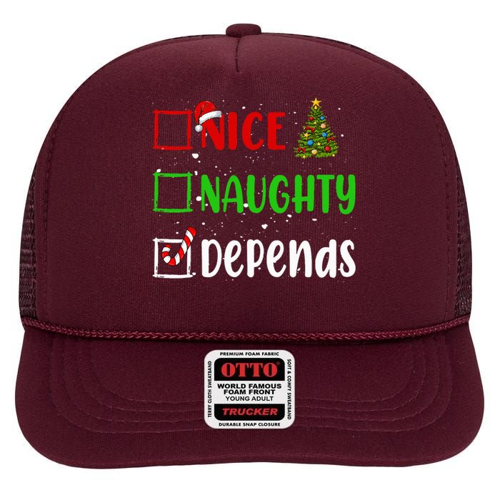 Nice Naughty Depends Christmas List Holiday Xmas 2024 High Crown Mesh Back Trucker Hat