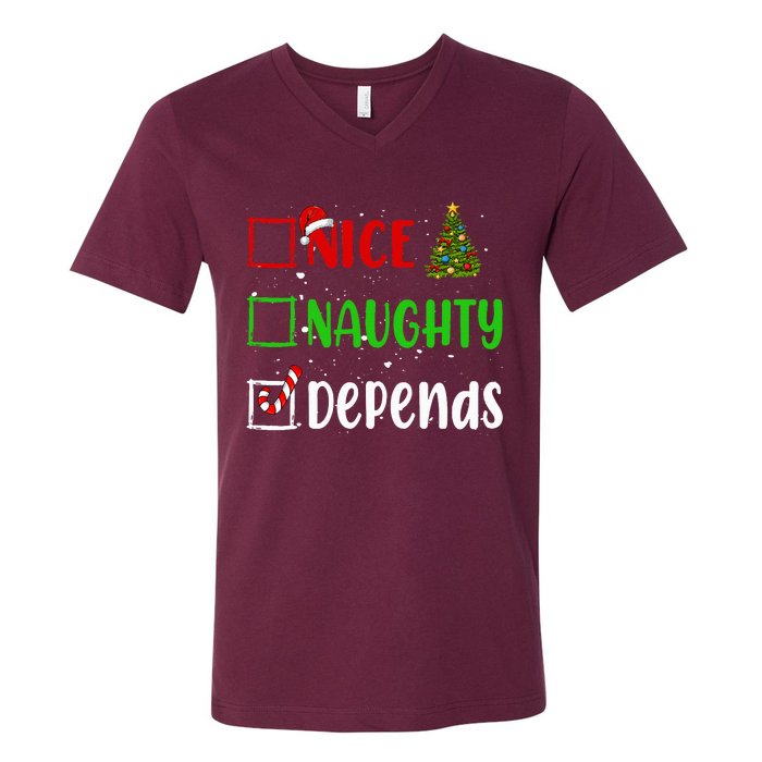 Nice Naughty Depends Christmas List Holiday Xmas 2024 V-Neck T-Shirt