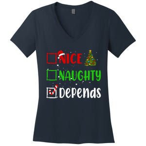 Nice Naughty Depends Christmas List Holiday Xmas 2024 Women's V-Neck T-Shirt