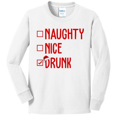 Naughty Nice Drunk Funny Christmas Checklist Kids Long Sleeve Shirt