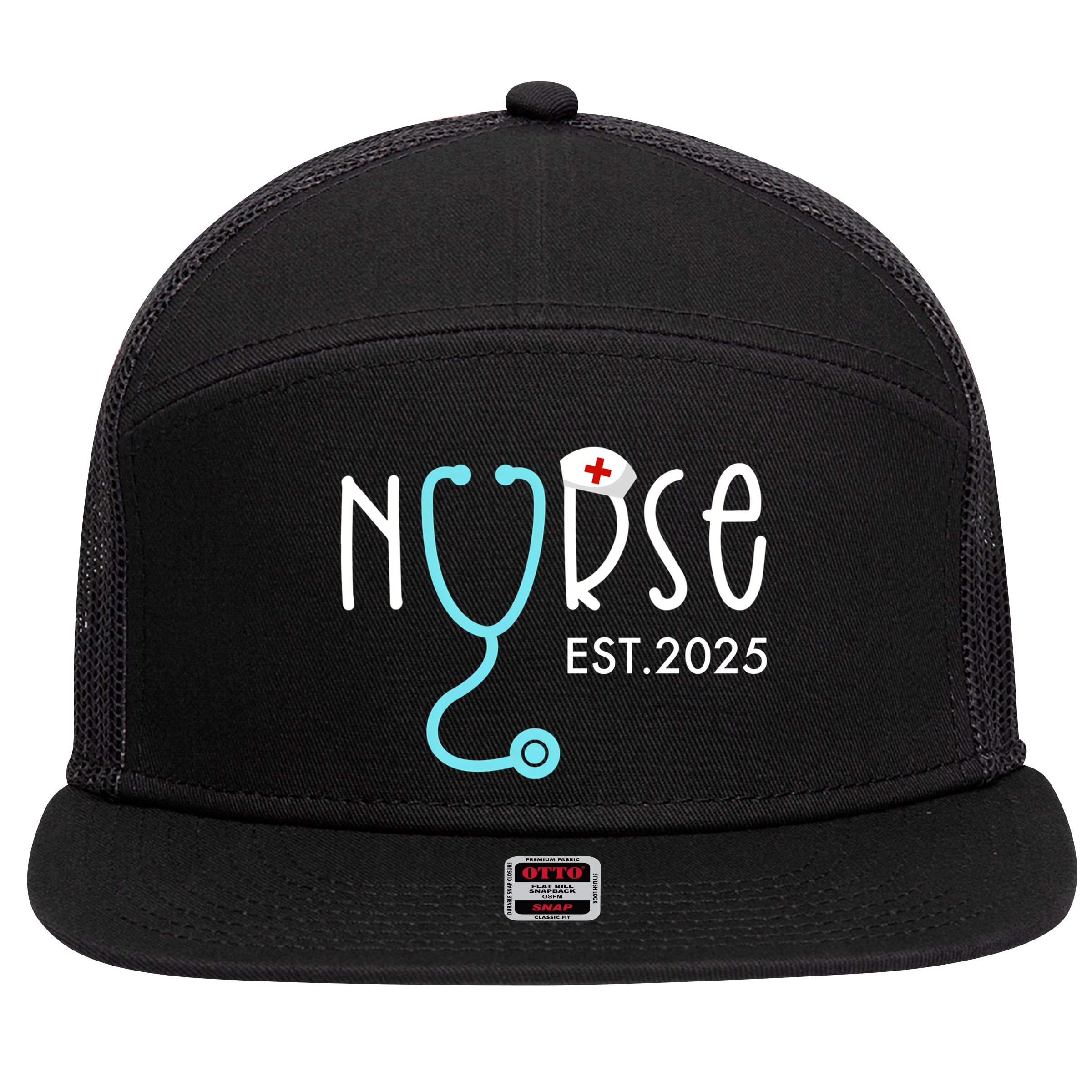 New Nurse Est 2025 7 Panel Mesh Trucker Snapback Hat