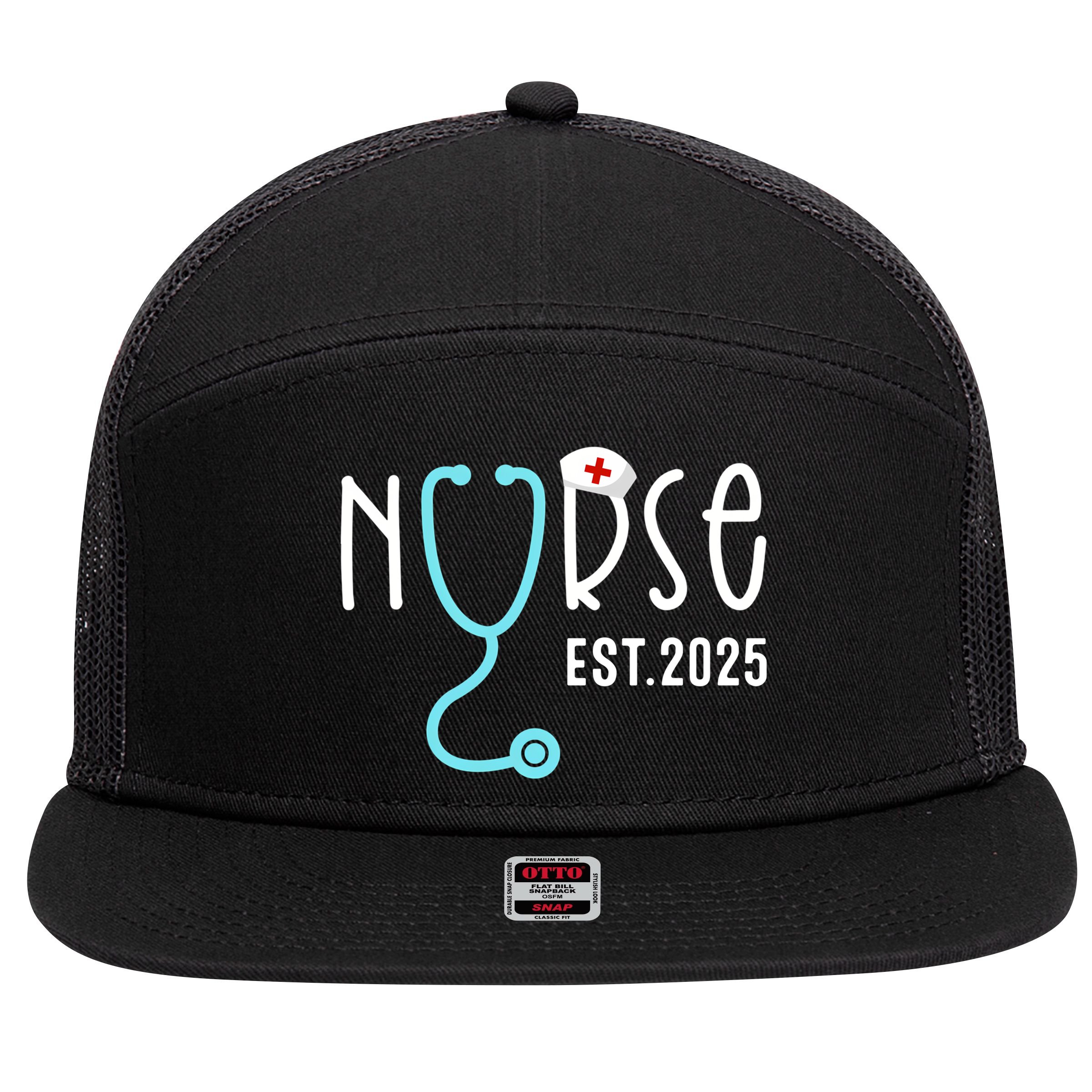 New Nurse Est 2025 7 Panel Mesh Trucker Snapback Hat