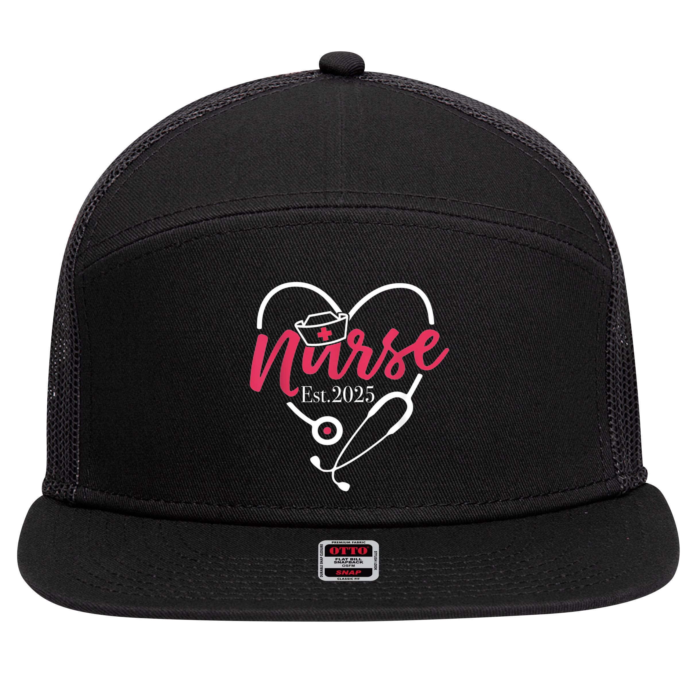 New Nurse Est 2025 7 Panel Mesh Trucker Snapback Hat