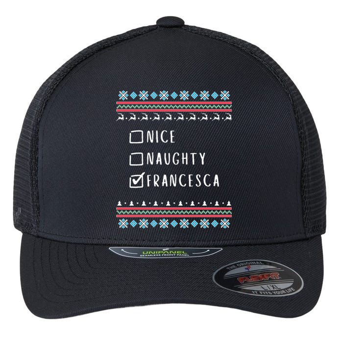 Nice, Naughty, Francesca Christmas Ugly Sweater Style Flexfit Unipanel Trucker Cap