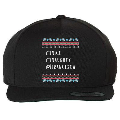 Nice, Naughty, Francesca Christmas Ugly Sweater Style Wool Snapback Cap