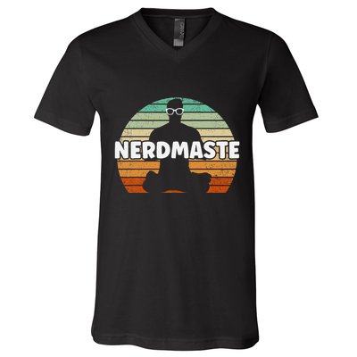 Nerdmaste Nerd Geek Yoga Gamer Fun Cute Hipster Retro Sunset V-Neck T-Shirt