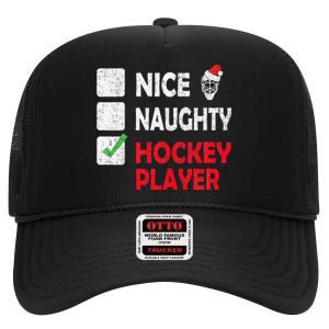 Nice Naughty Hockey Player Humor Christmas List Santa Hat  High Crown Mesh Back Trucker Hat