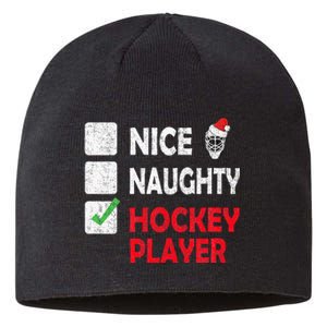 Nice Naughty Hockey Player Humor Christmas List Santa Hat  Sustainable Beanie