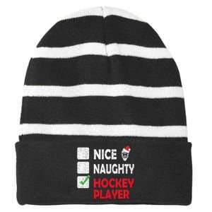 Nice Naughty Hockey Player Humor Christmas List Santa Hat  Striped Beanie with Solid Band