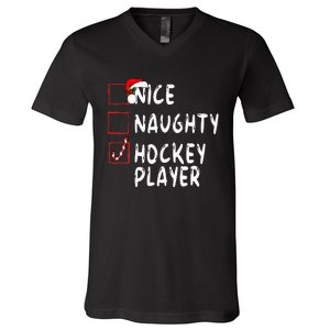 Nice Naughty Hockey Player Christmas Santa Claus V-Neck T-Shirt