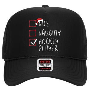 Nice Naughty Hockey Player List Christmas Santa Claus High Crown Mesh Back Trucker Hat