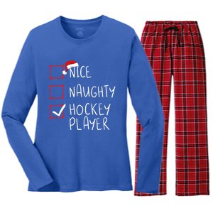 Nice Naughty Hockey Player List Christmas Santa Claus Gift Women's Long Sleeve Flannel Pajama Set 