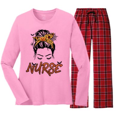 Nurse Nursing Halloween Messy Bun Halloween Nurse Gift Women's Long Sleeve Flannel Pajama Set 