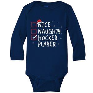 Nice Naughty Hockey Player Christmas Funny Xmas Santa Hat Gift Baby Long Sleeve Bodysuit