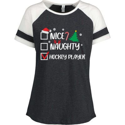 Nice Naughty Hockey Player Christmas List Santa Gift Enza Ladies Jersey Colorblock Tee