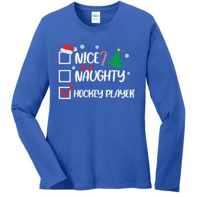 Nice Naughty Hockey Player Christmas List Santa Gift Ladies Long Sleeve Shirt