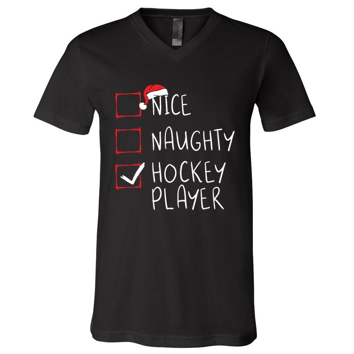 Nice Naughty Hockey Player List Christmas Santa Claus V-Neck T-Shirt