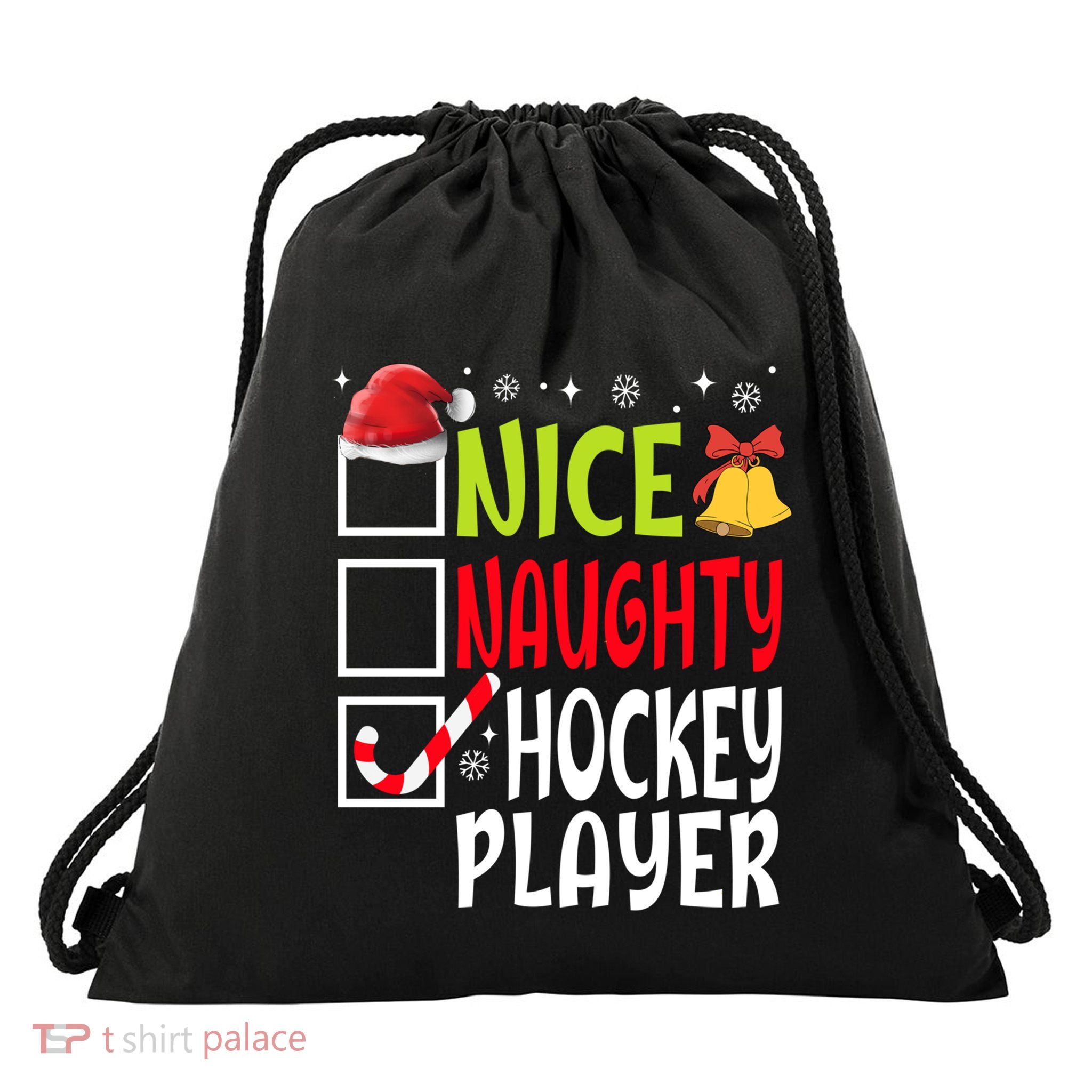 Nice Naughty Hockey Player Funny Christmas List Family Group Gift Drawstring Bag