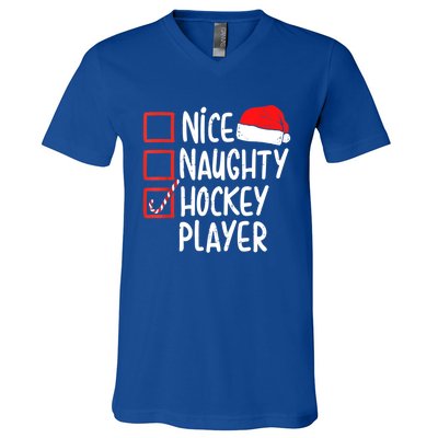 Nice Naughty Hockey Player Christmas Funny Xmas Santa Hat Gift V-Neck T-Shirt