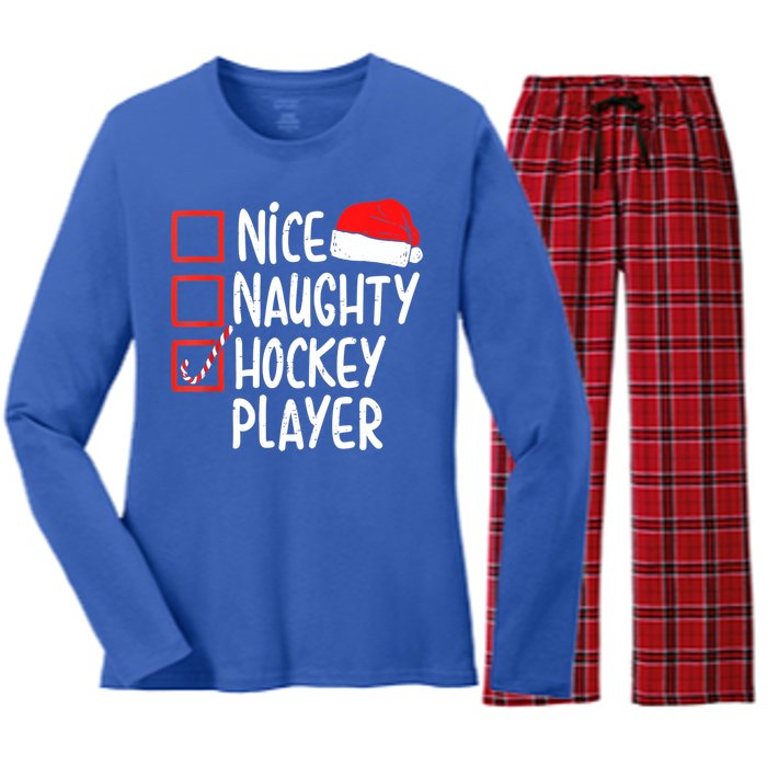 Nice Naughty Hockey Player Christmas Funny Xmas Santa Hat Gift Women's Long Sleeve Flannel Pajama Set 