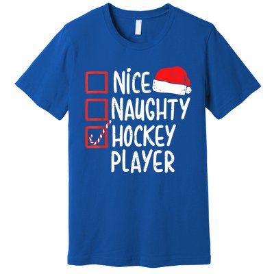 Nice Naughty Hockey Player Christmas Funny Xmas Santa Hat Gift Premium T-Shirt