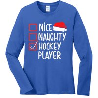 Nice Naughty Hockey Player Christmas Funny Xmas Santa Hat Gift Ladies Long Sleeve Shirt