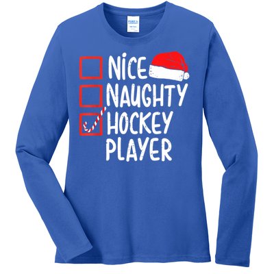 Nice Naughty Hockey Player Christmas Funny Xmas Santa Hat Gift Ladies Long Sleeve Shirt