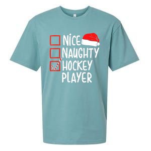 Nice Naughty Hockey Player Christmas Funny Xmas Santa Hat Gift Sueded Cloud Jersey T-Shirt