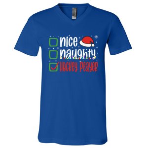 Nice Naughty Hockey Player Holiday Xmas 2023 Funny Christmas Gift V-Neck T-Shirt