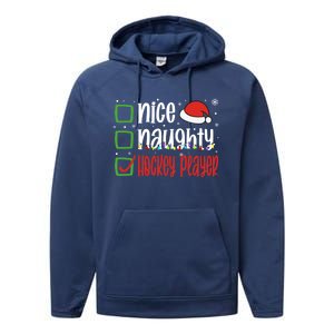 Nice Naughty Hockey Player Holiday Xmas 2023 Funny Christmas Gift Performance Fleece Hoodie