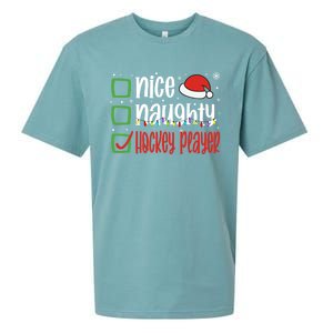 Nice Naughty Hockey Player Holiday Xmas 2023 Funny Christmas Gift Sueded Cloud Jersey T-Shirt