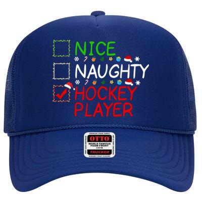 Nice Naughty Hockey Player List Christmas Santa Claus Gift High Crown Mesh Back Trucker Hat