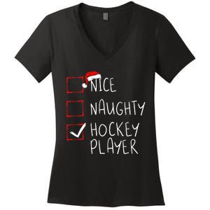 Nice Naughty Hockey Player List Christmas Santa Claus Women's V-Neck T-Shirt