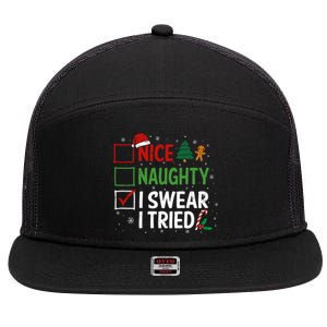 Nice Naughty I Swear I Tried Christmas List Xmas Santa Claus Gift 7 Panel Mesh Trucker Snapback Hat