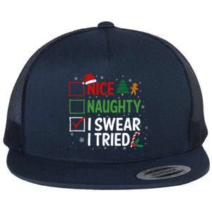 Nice Naughty I Swear I Tried Christmas List Xmas Santa Claus Gift Flat Bill Trucker Hat