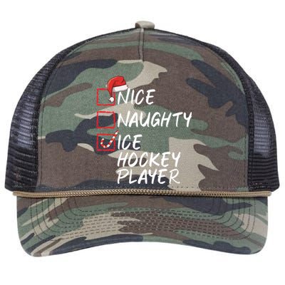 Nice Naughty Ice Hockey Player Funny Christmas List Santa Gift Retro Rope Trucker Hat Cap