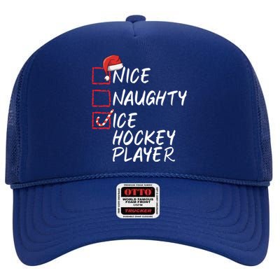 Nice Naughty Ice Hockey Player Funny Christmas List Santa Gift High Crown Mesh Back Trucker Hat