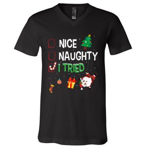 Nice Naughty I Tried SantaS Naughty List Funny Christmas V-Neck T-Shirt