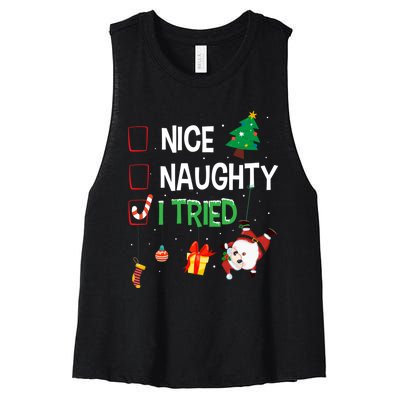 Nice Naughty I Tried SantaS Naughty List Funny Christmas Women's Racerback Cropped Tank