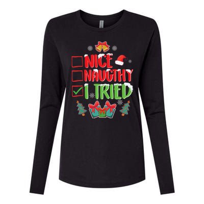 Nice Naughty I Tried SantaS Naughty List Funny Christmas Womens Cotton Relaxed Long Sleeve T-Shirt