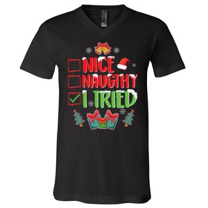 Nice Naughty I Tried SantaS Naughty List Funny Christmas V-Neck T-Shirt