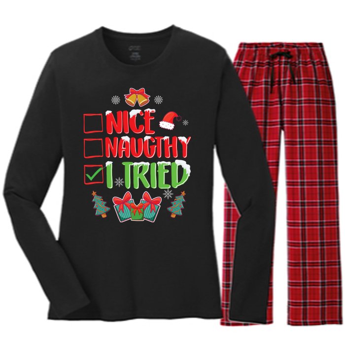 Nice Naughty I Tried SantaS Naughty List Funny Christmas Women's Long Sleeve Flannel Pajama Set 